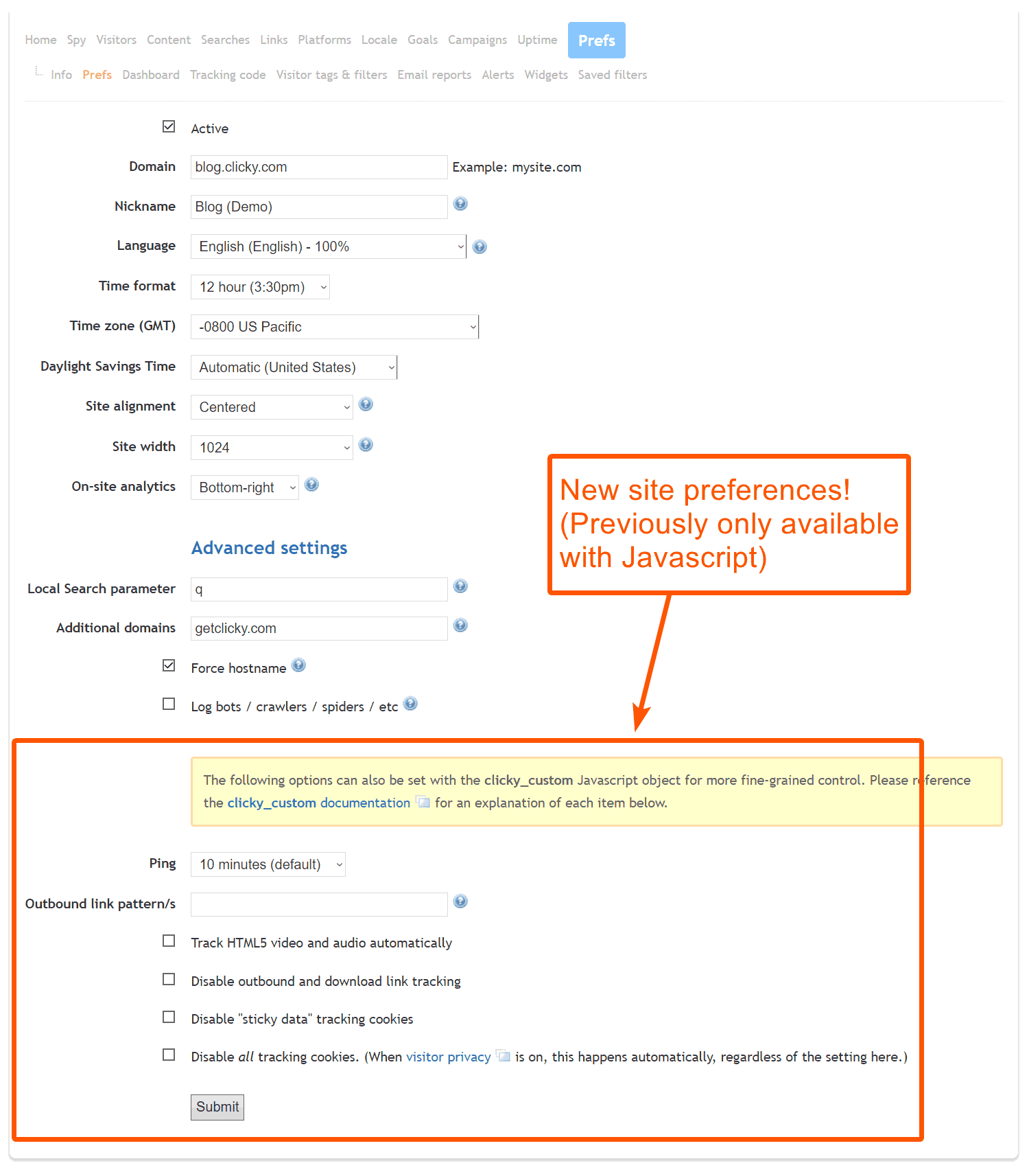 New site preferences