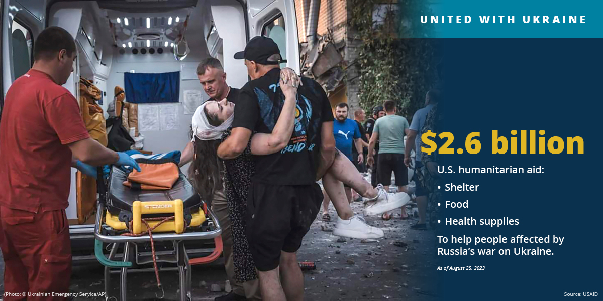 Graphic outlining humanitarian aid for Ukraine war with photo of men putting wounded woman into ambulance (Graphic: State Dept./M. Gregory. Photo: © Ukrainian Emergency Service via AP)