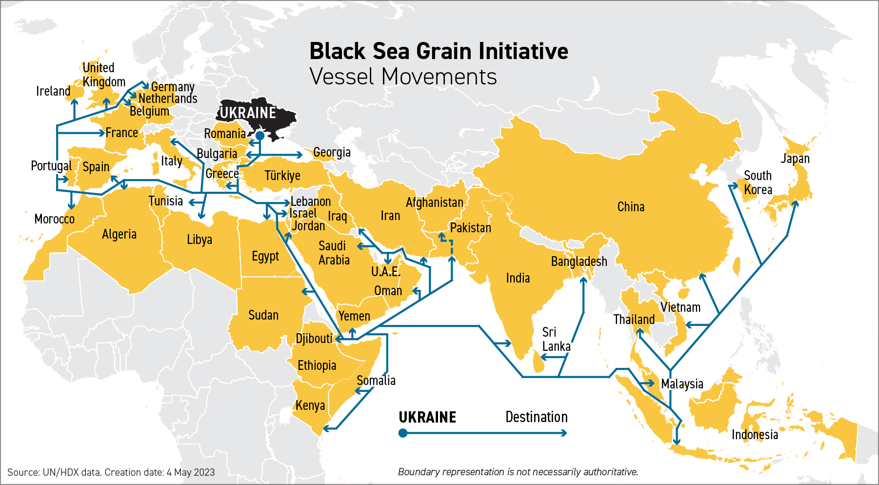 Map showing shipping routes of Ukrainian grain around the world (State Dept./M. Gregory)