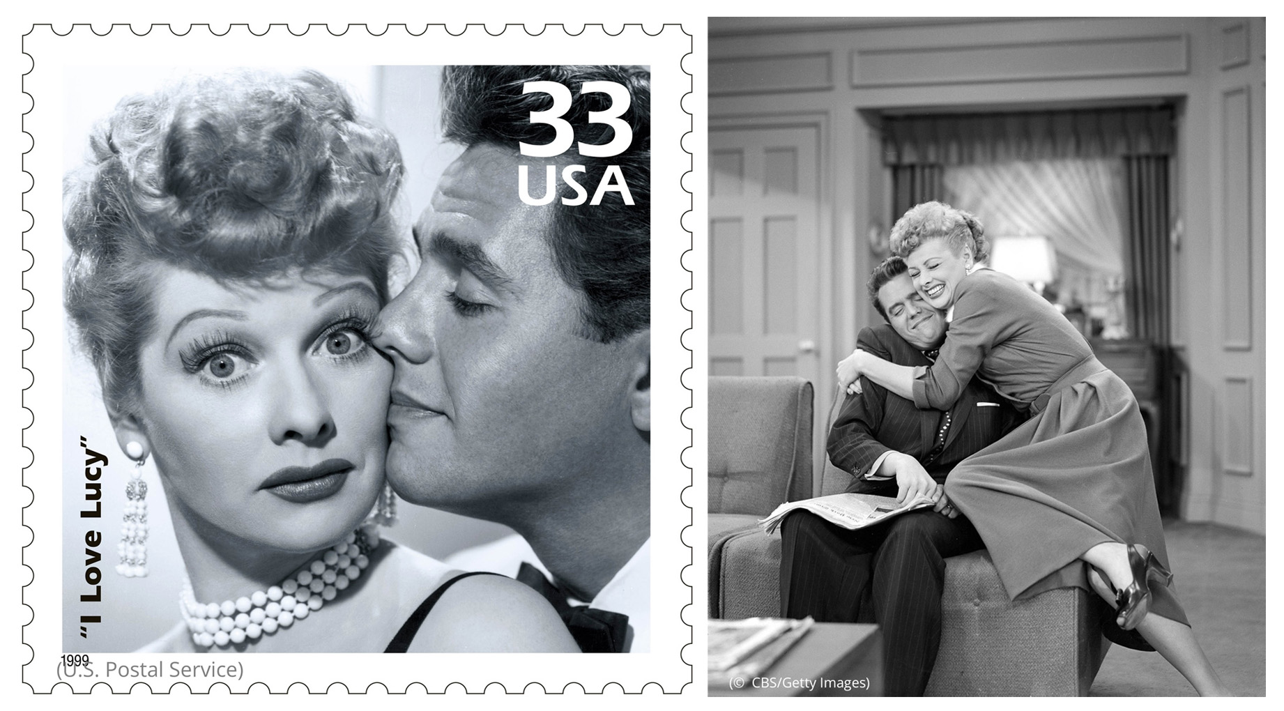Left image: 'I Love Lucy' stamp (U.S. Postal Service) Right photo: Woman embracing seated man (© CBS/Getty Images)