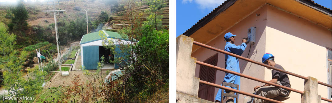 Diptych of hydro-powered mini-grid plant (left); two people installing power meter on outside wall of house (Power Africa)