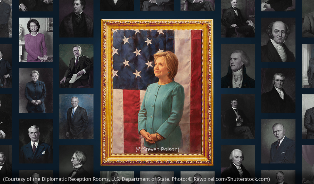Photo illustration of Hillary Rodham Clinton's portrait surrounded by other portraits (Graphic: State Dept./F. Carter. Photos: State Dept. © Rawpixel.com/Shutterstock.com © Steven Polson)