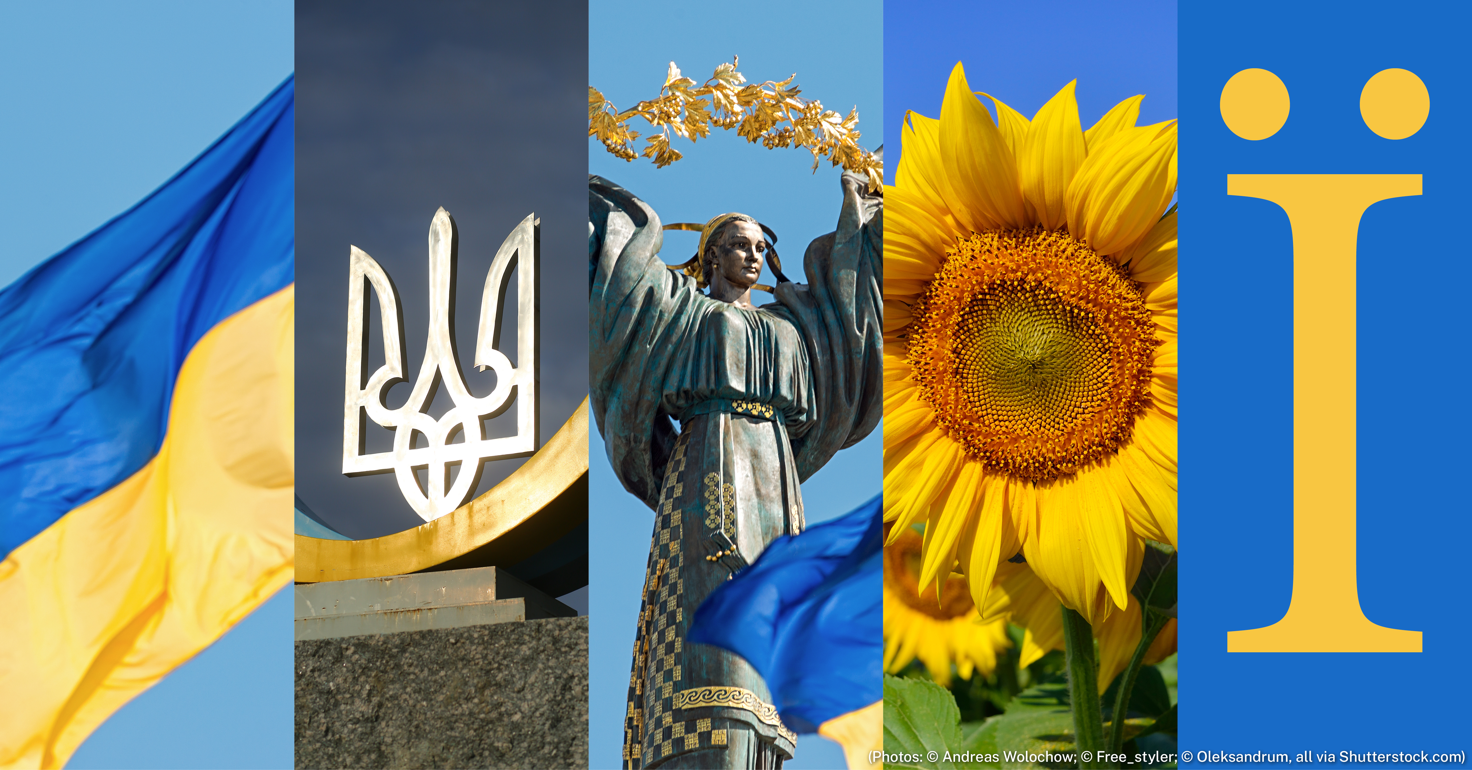Five symbols of Ukraine: flag, trident, independence statue, sunflower, and letter 'i' with two dots above it (Photos: © Andreas Wolochow, © Free_styler, and © Oleksandrum, all via Shutterstock.com)
