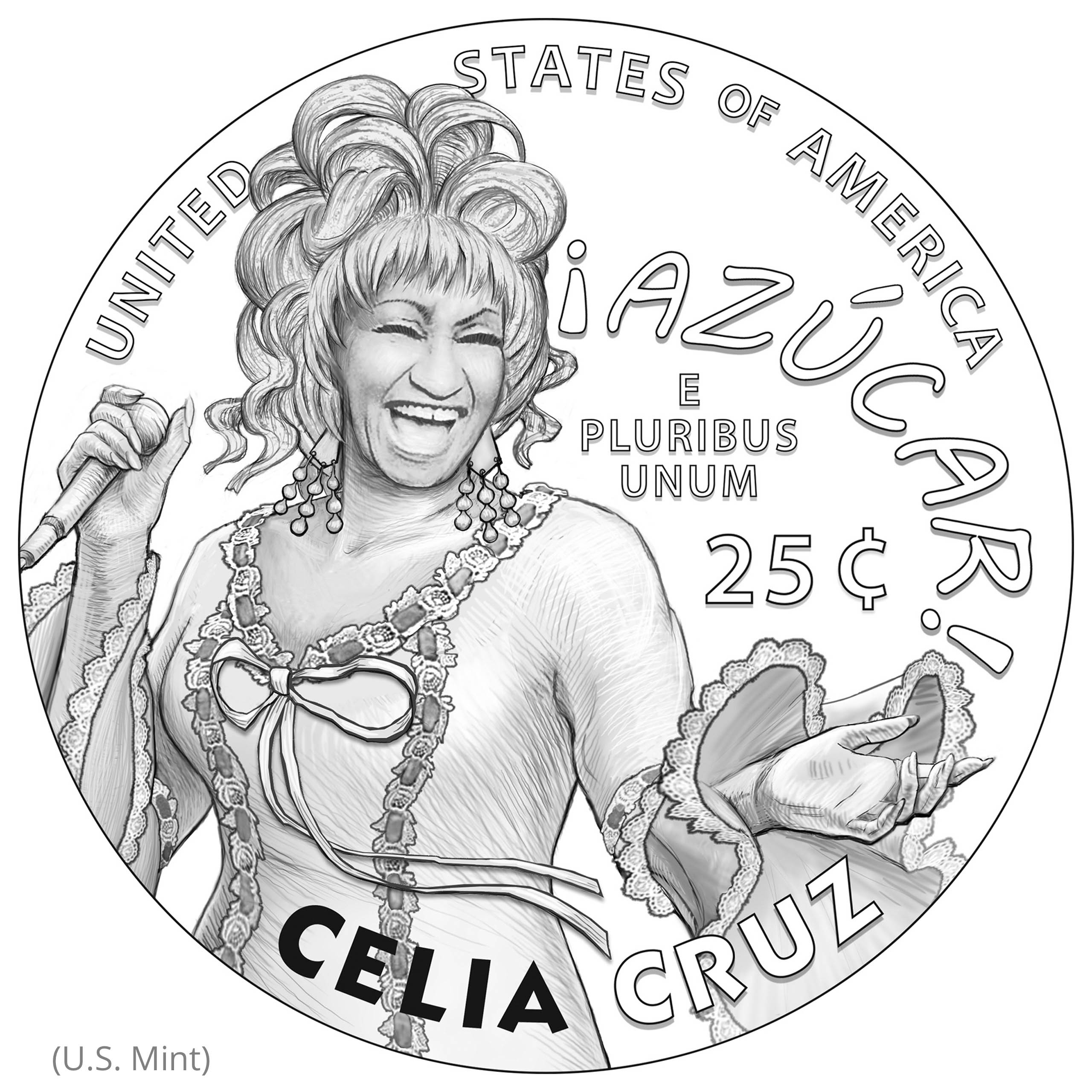 Drawing of Celia Cruz quarter design (U.S. Mint)