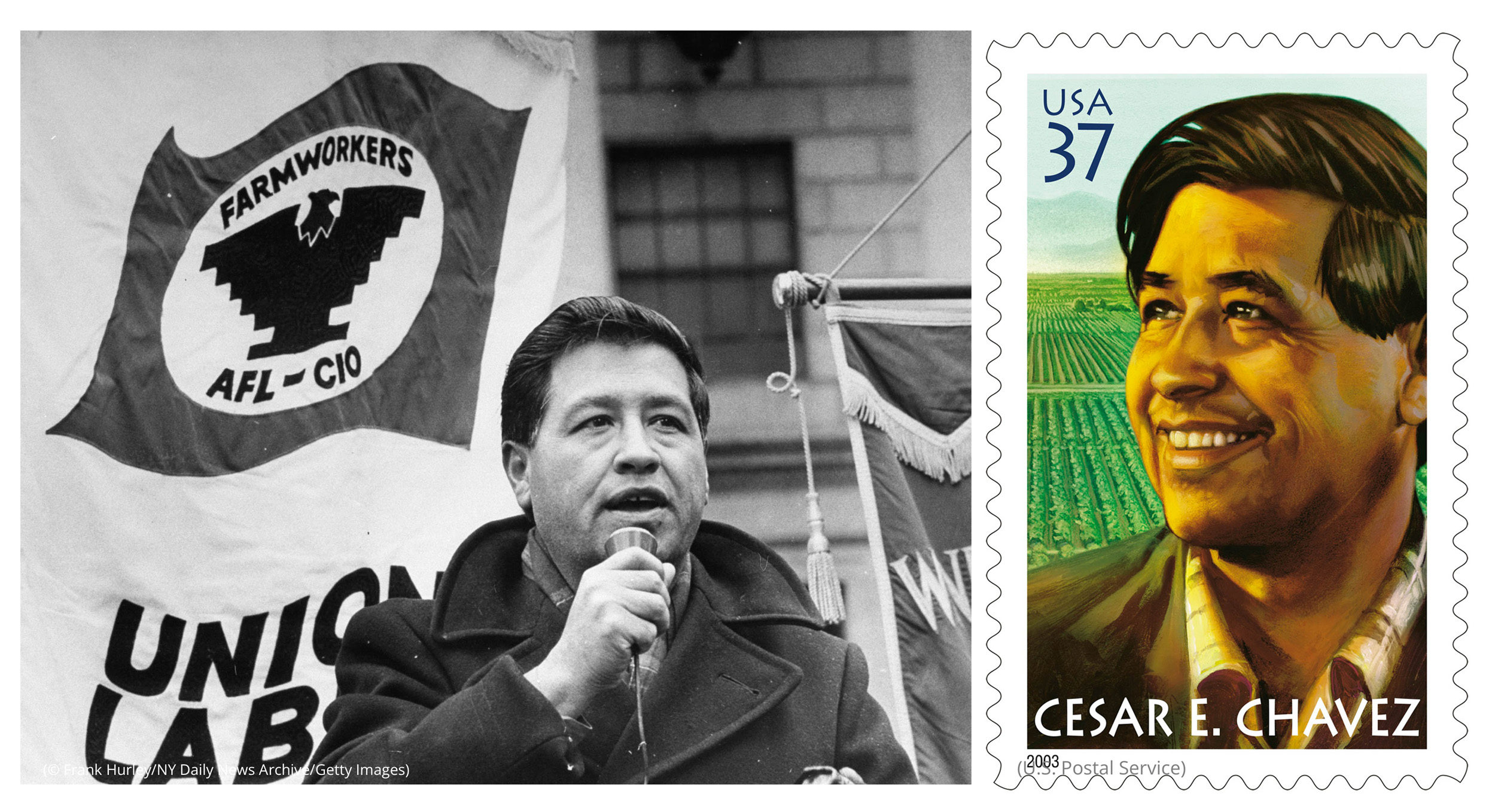 Left photo: César Chávez speaking to demonstrators (© Frank Hurley/NY Daily News Archive/Getty Images) Right image: César Chávez stamp (U.S. Postal Service)