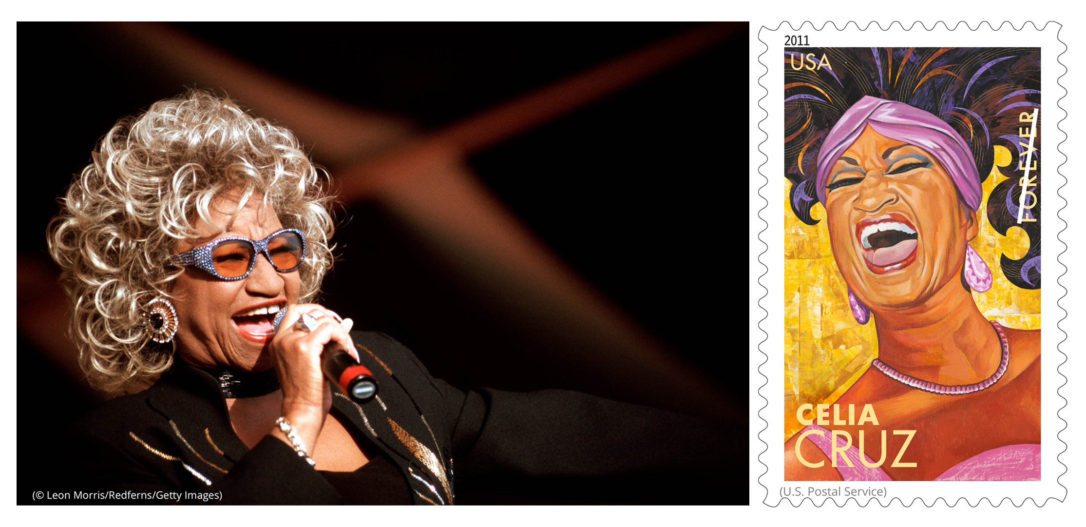 Left photo: Celia Cruz singing (© Leon Morris/Redferns/Getty Images) Right image: Celia Cruz stamp (U.S. Postal Service)