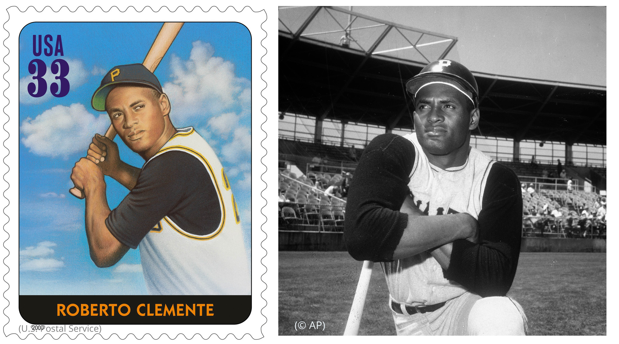 Left image: Roberto Clemente stamp (U.S. Postal Service) Right photo: Baseball player in stadium leaning on bat (© AP)