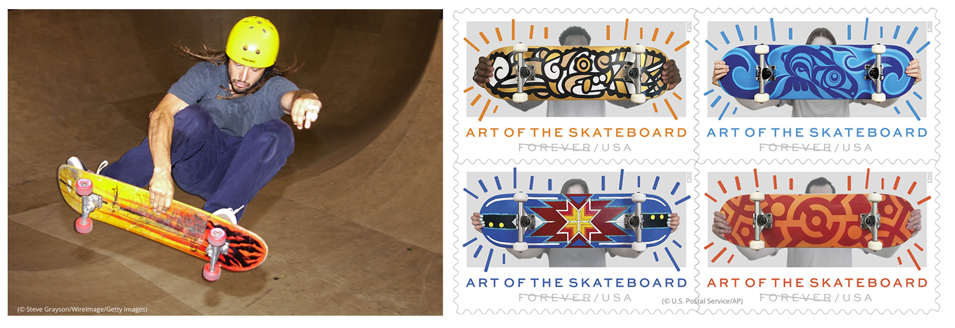 Left photo: Man performing skateboard trick (© Steve Grayson/WireImage/Getty Images) Right image: "Art of the Skateboard" stamps (© U.S. Postal Service/AP)